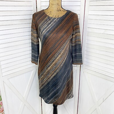 #ad Studio One Dress Womens 4P Petite Brown Black Sheath Knit Diagonal Stripe $11.99