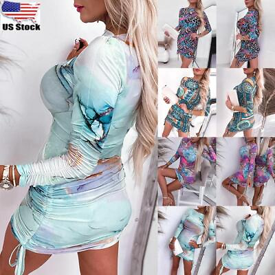 #ad Womens Sexy Printed Bodycon Mini Dress Ladies Long Sleeve Cocktail Party Dresses $11.95