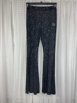 Women’s Sheer Pants Size M Black 70’s Style Bell Bottoms Shiny Glitter Sparkles $27.77