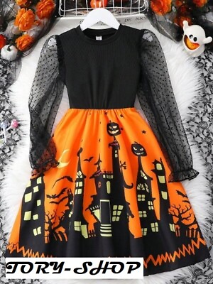 #ad Tween Girl Halloween Print Contrast Mesh Puff Sleeve Dress $32.99