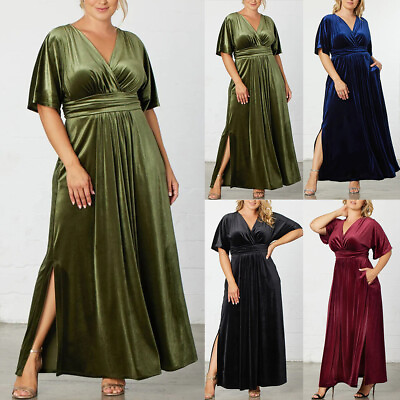 #ad Women#x27;s Velvet V Neck Evening Party Dress Short Sleeve Maxi Dresses Ball Gown $36.15