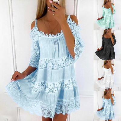 #ad Women#x27;s Lace Hollow Holiday Beach Summer Dress Casual Loose Party Mini Dresses $23.69