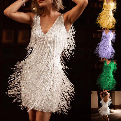 Women#x27;s Glitter Strappy Tassel Bodycon Mini Dress Evening Cocktail Party Dresses $34.70