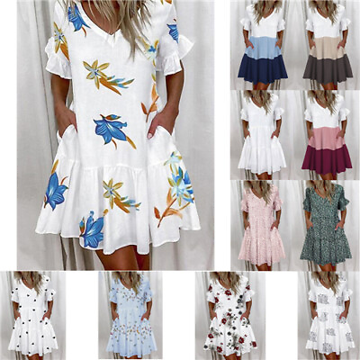 US Womens Summer Beach Boho Sundress Ladies Holiday V Neck Swing Dress Plus Size $24.99