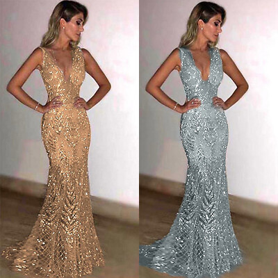 #ad Maxi Dress Ball Sparkly Bling Gown Prom Party Sequins Evening V Neck Long Womens $29.55