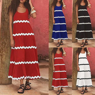 #ad Womens Striped Vest Maxi Long Dress Ladies Summer Beach Loose Tank Sundress US $32.59