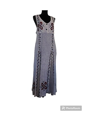 Light Blueish Grey Sleeveless Boho Hippie Emroidered W Pockets Maxi Dress XL $50.00