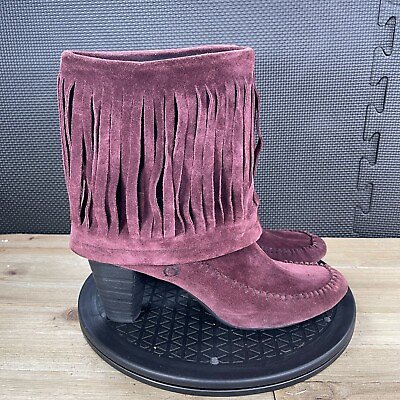 #ad Born Shoes Womens 10 Banbury Fringe Moc Boho Boots Nubuck Purple Stacked Heel $14.00