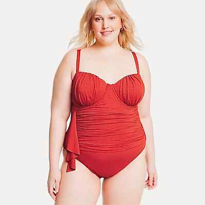 #ad RHODE Women#x27;s Embossed Dot Ruffle One Piece Swimsuit Plus Size Red 2X $18.86