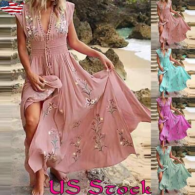 Boho Womens Flying Sleeve V Neck Maxi Dress Ladies Floral Holiday Ruffled Gowns $22.89