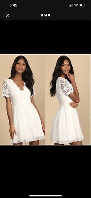 #ad Lulu#x27;s Angel in Disguise Short Sleeve White Lace Skater Dress Sz Medium $37.59