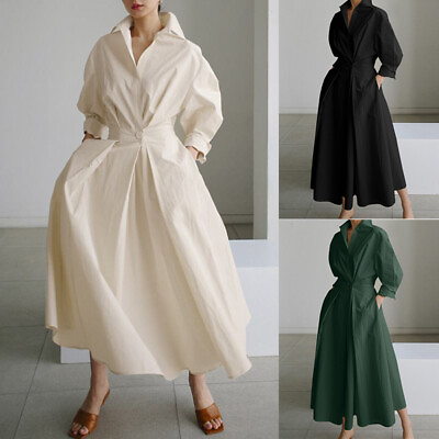 Womens Cotton Linen Loose Maxi Dress Long Sleeve Casual Swing Shirt Dress ♬ GBP 20.49