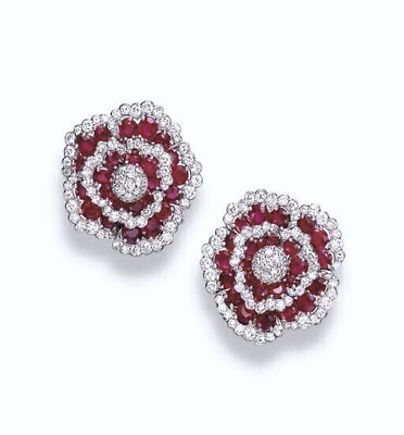 #ad Flower Stud Style Cocktail Design Red amp; White Cubic Zirconia Studded Earrings $360.00