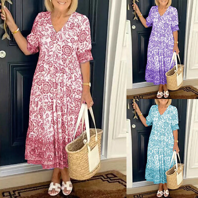 US Women#x27;s V Neck Floral Long Dress Holiday Summer Plus Size Beach Party Dresses $17.84
