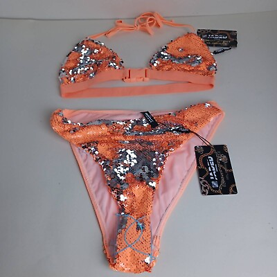 #ad Jaded London Swipe Sequin Triangle Bikini Orange Silver UK 8 GBP 39.99