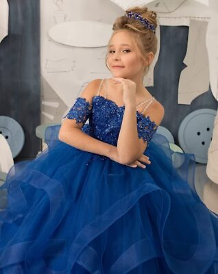 #ad Blue Applique Girl Dress Tulle Ruffles Puff Little Girl Party Dress for Birthday $118.00