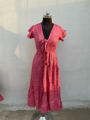 #ad Party Wear Boho V Neck Pink Rayon Stylish Summer Maxi Long Dress Hippie Dress $44.99