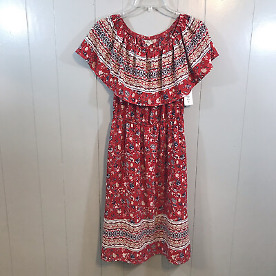 #ad Style amp; Co Floral Chance Red Multi Shawl Collar Knee Length A Line Boho Dress XS $9.09