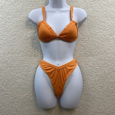 #ad Shein Women#x27;s Orange Two Piece Swim Set Triangle Ties Bikini Small NEW $9.99