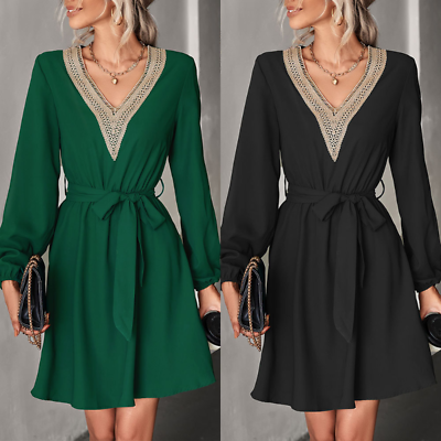 #ad New Fashion Women#x27;s Lace V neck Long Sleeve A line Party Cocktail Dress Workwear $24.98