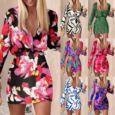 #ad Womens Floral V Neck Tops Mini Dress Ladies Casual Party Club Holiday Skirt Sets $28.39