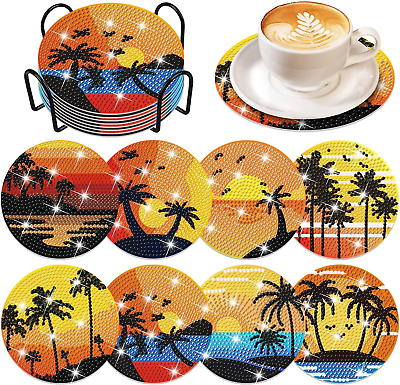 #ad #ad 8 Pcs Coconut Tree Diamond Art Coasters Kits with Holder DIY Boho Diamond Art Co $32.99
