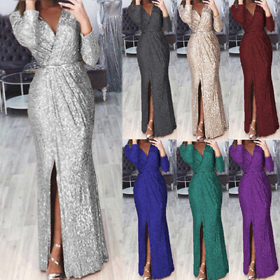 Women#x27;s V Neck Sequins Long Maxi Dresses Ladies Evening Party Cocktail Ball Gown $5.24