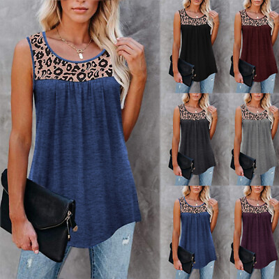 Women Plus Size Tank Tops Sleeveless Lace Leopard Print Loose Blouse T Shirt $13.18