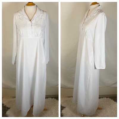 Vintage 80s Jody California White Maxi Shirtdress Floral Embroidery USA Made L $49.99