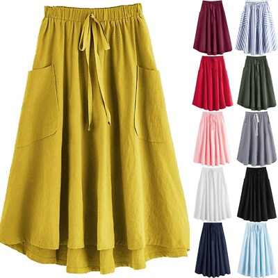 #ad Lady Pleated Skirt Casual Summer Midi Length A line Skirt With Pockets Women $20.13