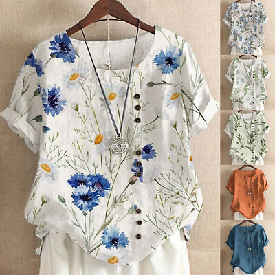 Womens Cotton Linen Blend Loose Blouse Boho Floral T Shirt Tops Summer Plus Size $13.29