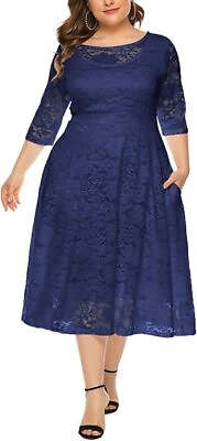 #ad Eternatastic Womens Floral lace Plus Size Midi Dress Scooped Neckline Cocktail P $137.65