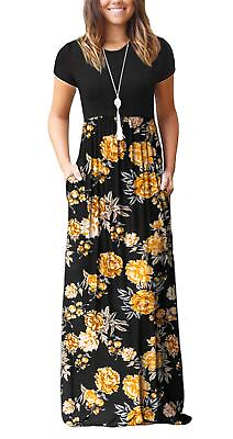 #ad #ad DEARCASE Women Long Maxi Dress Flower Yellow Black XX Large Crewneck Boho Short $6.99