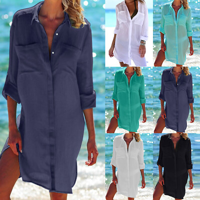 #ad Women#x27;s Summer Swimwear Beachwear Bikini Beach Cover Up Short Dress Long Shirt $15.99