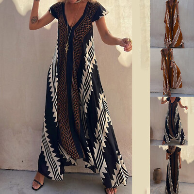 #ad Womens Boho Holiday Beach Maxi Dress Ladies Printed Loose V Neck Swing Sundress $26.29