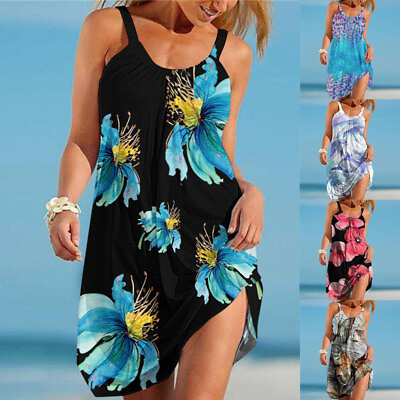 Plus Size Womens Boho Summer Beach Dresses Holiday Cover Up Floral Vest Dress AU $26.17