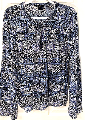 #ad LUCKY BRAND Blouse Sz L Blue Floral Flare Sleeve Peasant Boho Party Tunic Top $19.49
