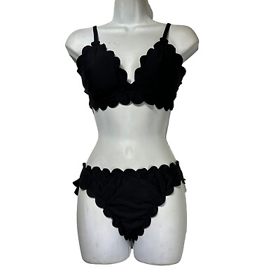 #ad Chelsea28 Women#x27;s Swimsuit Black Scalloped Triangle Bikini 2 Piece $37.49
