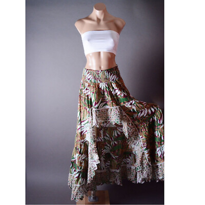 #ad Tropical Green Ruffle Crochet Bohemian Smocked Boho Asymmetric Long Skirt S M L $49.99