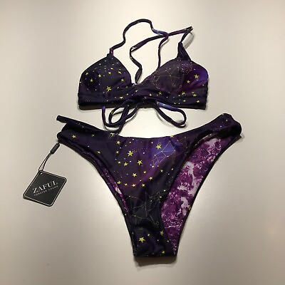 #ad Zaful 2 Piece Bikini Swimsuit Womens Size M 6 Purple Galaxy Reversible NWT $14.99