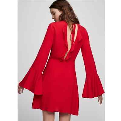 #ad Pull amp; Bear Bell Sleeve Ruffle Trim Backless Cocktail Dress Red Womens EU Small $25.00