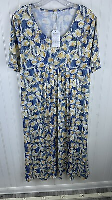 #ad Deuyo Summer Dresses for Women Floral Blue Yellow Print Pleated Midi Dress Large $18.00