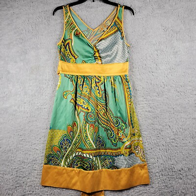 #ad Forever Dress Women Medium Yellow Green Paisley Satin Sleeveless Waist Tie $14.99
