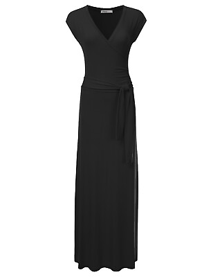 DOUBLJU Women#x27;s V Neck Cap Sleeve Waist Wrap Front Maxi Dress $5.99