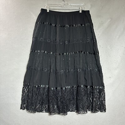 #ad Boho Skirt Women Plus 1X Black Tiered Sequins Flowy Pull On Maxi Prairie Coastal $39.97