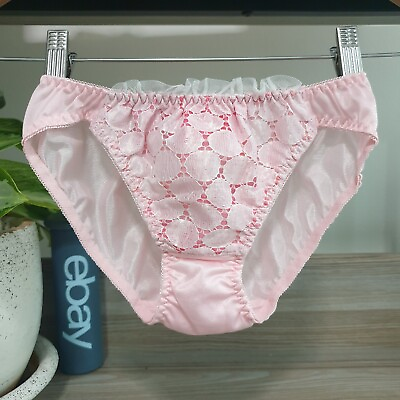 #ad Vintage Silky Nylon Panties Pink Bikini Big Polka Dot Lace Size Small Hip 32 36quot; $19.94