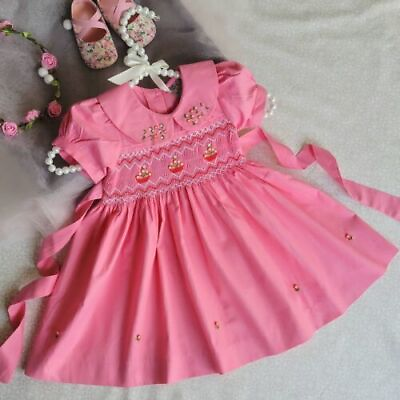 #ad Sweet Pink Smocked Embroidered Baby Girl Dress. Toddler Girls Birthday Dress. $39.99