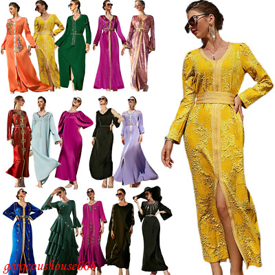 #ad Women Long Sleeve Maxi Dress Abaya Muslim Women Kaftan Robe Dubai Party Gown C $68.99
