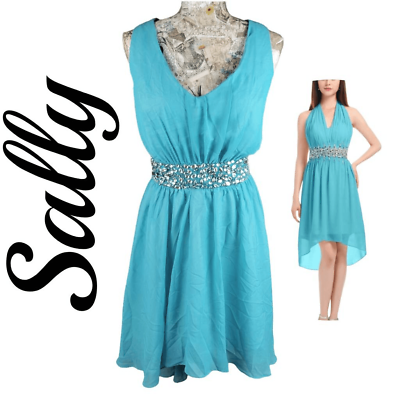 #ad Sally USA Blue Green Teal Aqua Fancy Hi Lo Bejeweled Cocktail Plus Size Dress $24.99