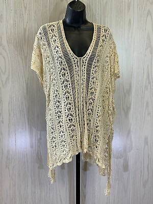 #ad Women#x27;s Crochet Lace Up Swim Cover Up Top One Size Beige NEW $15.99